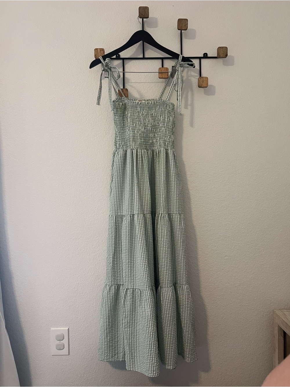 If She Loves Gingham Smocked Maxi Dress with Tie Shoulders โ Sage Green